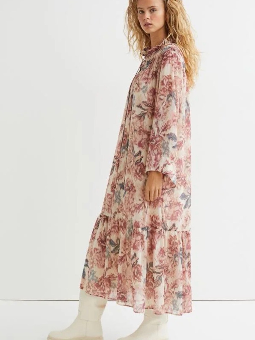 H&M Cream Maxi Dress with Pink Floral Print